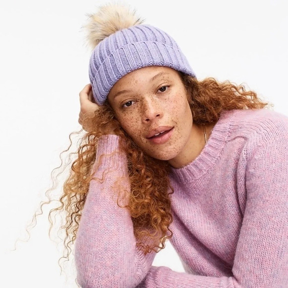 J crew ribbed beanie with faux fur pom pom - Picture 2 of 3